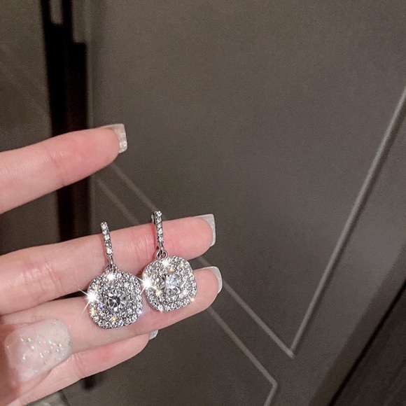 Any 2/$20! Silver Square Crystal Pave Drop Stud Earrings - Picture 2 of 6